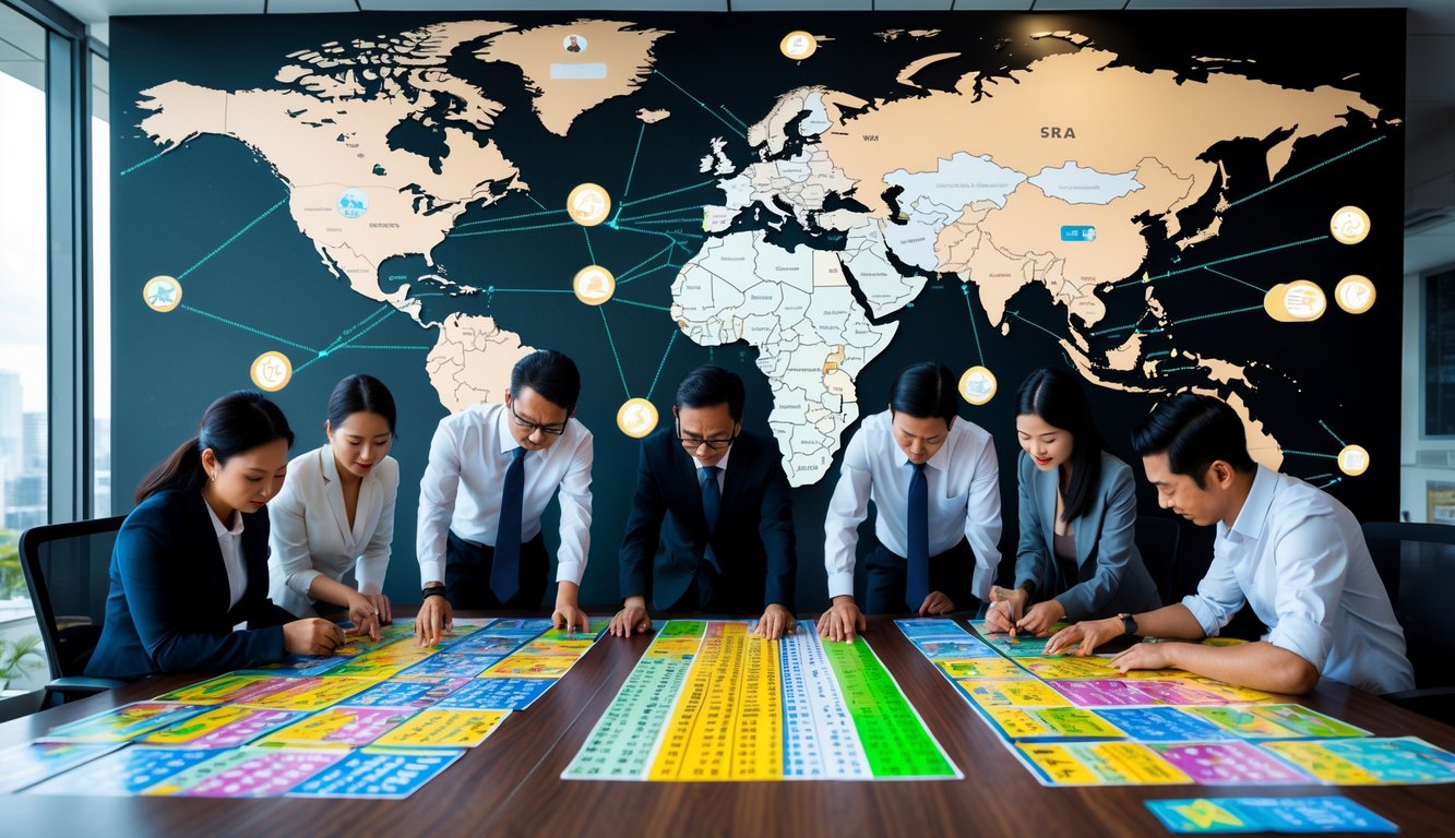Sekelompok orang sedang menganalisis tiket togel dan grafik di meja dengan peta dunia di latar belakang yang menyoroti Indonesia dan pasar internasional.