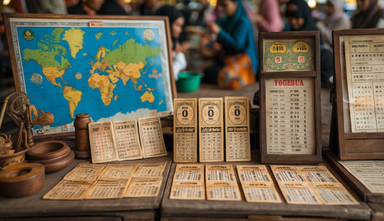 Suasana pasar tradisional Indonesia dengan tiket togel kuno dan alat undian, peta dunia dengan pasar togel internasional, serta orang-orang yang terlibat dalam aktivitas togel.