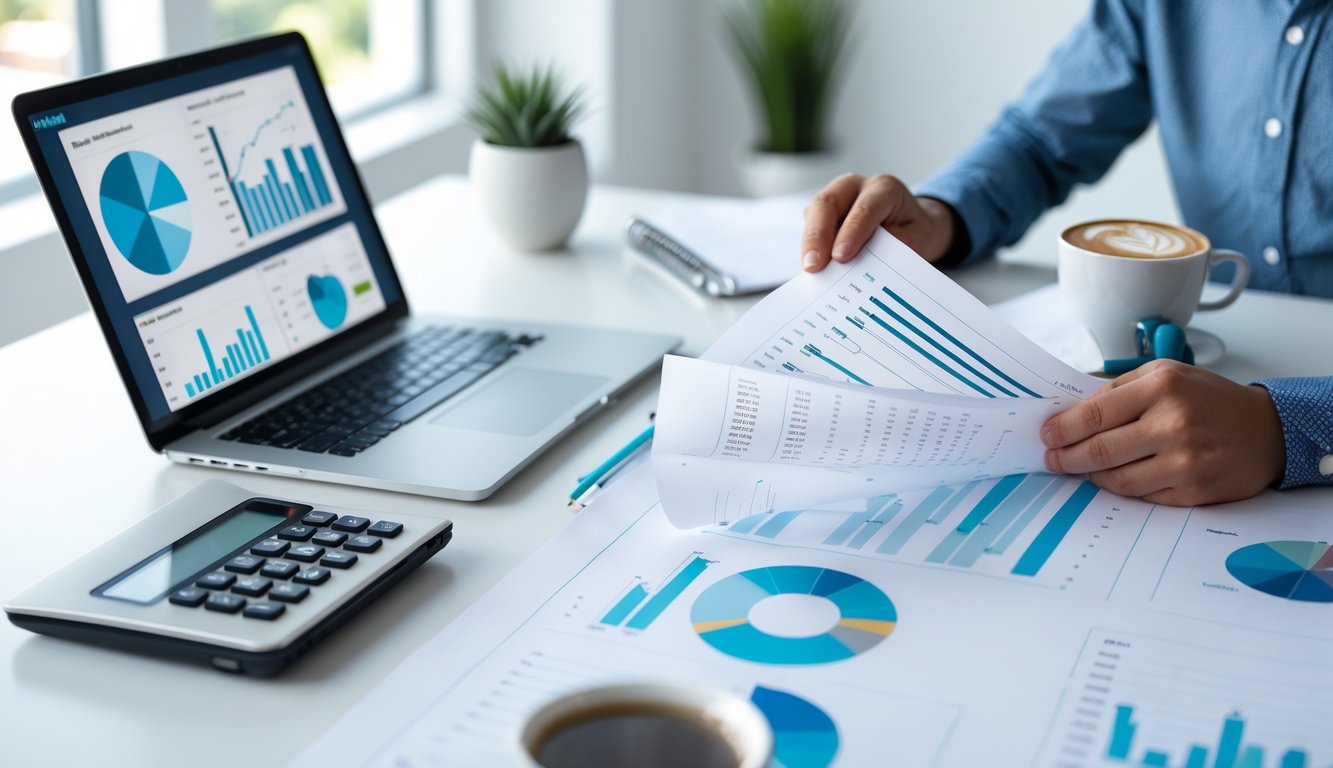 Seseorang sedang menganalisis angka dan grafik di meja kerja dengan laptop dan dokumen di kantor yang terang.
