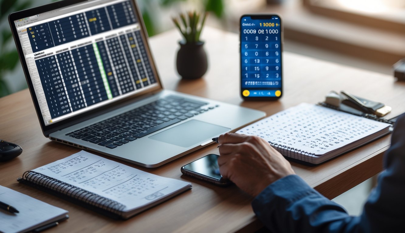 Meja kerja dengan laptop, catatan, dan ponsel yang menampilkan analisis angka togel.
