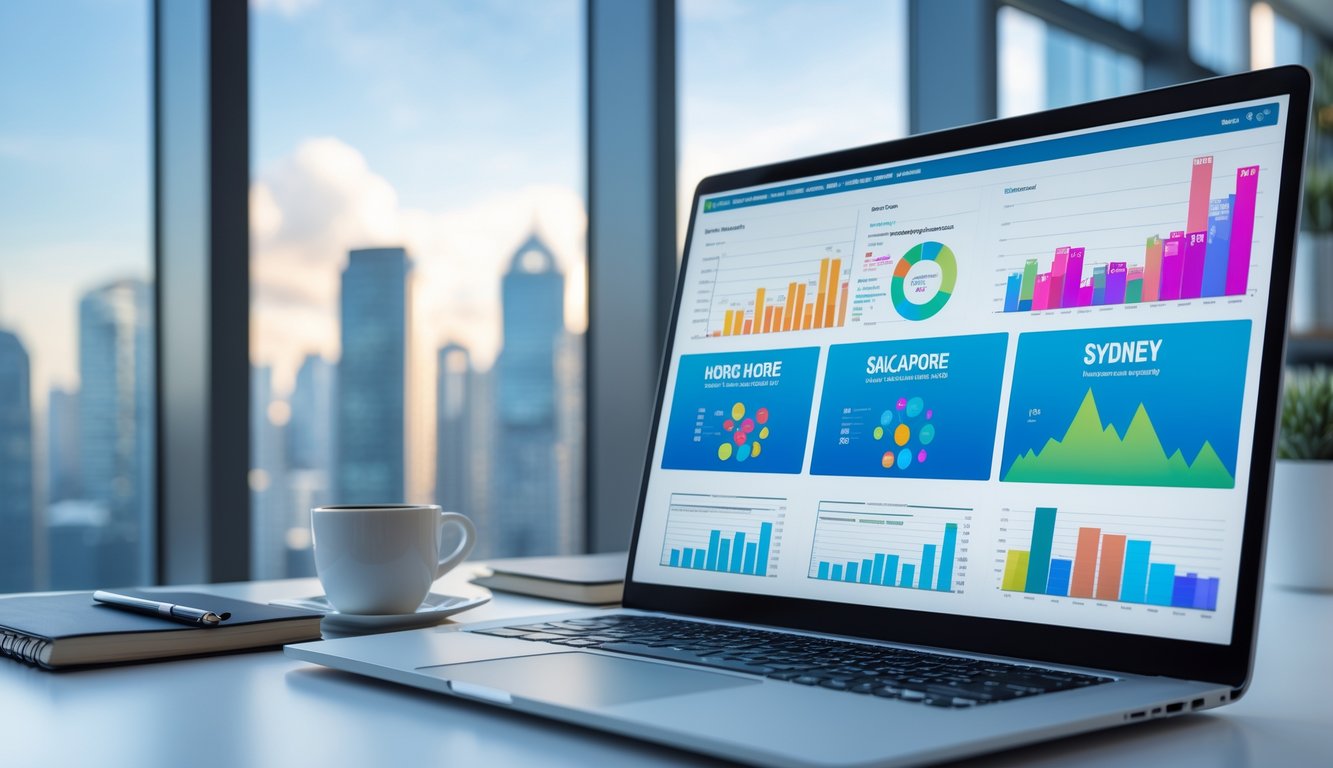 Meja kerja modern dengan laptop yang menampilkan grafik warna-warni dan latar belakang kota Hong Kong, Singapura, dan Sydney terlihat melalui jendela besar.