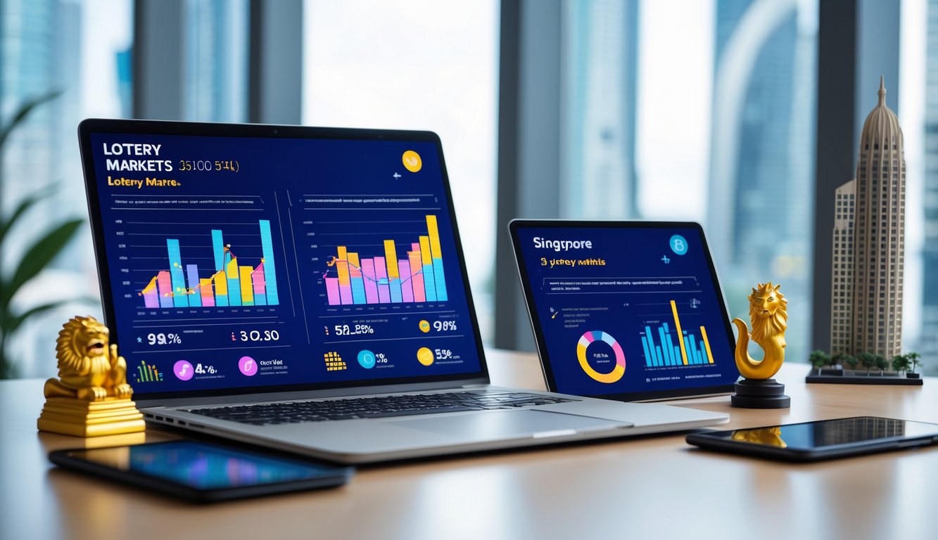 Meja kerja modern dengan perangkat digital yang menampilkan grafik dan statistik pasar togel Hongkong, Singapore, dan Sydney, dengan miniatur ikon kota di sekitarnya.