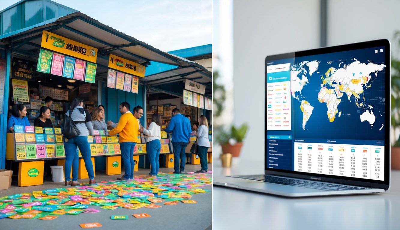 Adegan terbagi dua memperlihatkan pasar togel lokal dengan kios dan tiket warna-warni di sisi kiri, serta antarmuka digital modern dengan peta dan hasil togel internasional di sisi kanan.