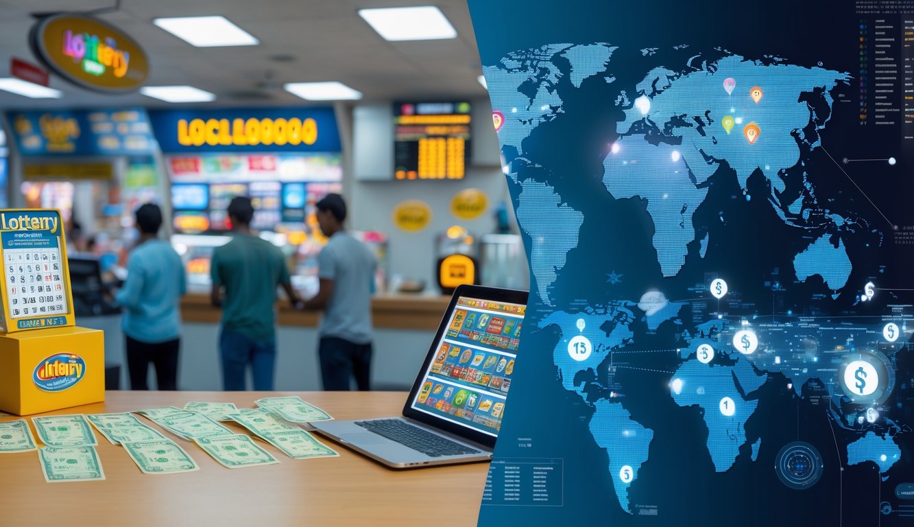 Gambar yang menunjukkan perbedaan antara pasar togel lokal dengan suasana tradisional dan pasar togel internasional dengan teknologi modern serta peta dunia.