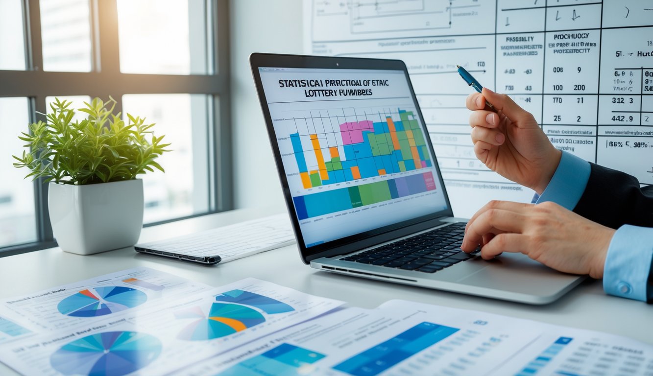 Meja kerja dengan laptop yang menampilkan grafik statistik, lembar data angka, dan tangan seseorang sedang menunjuk grafik dan mengetik, latar belakang papan tulis dengan rumus matematika.