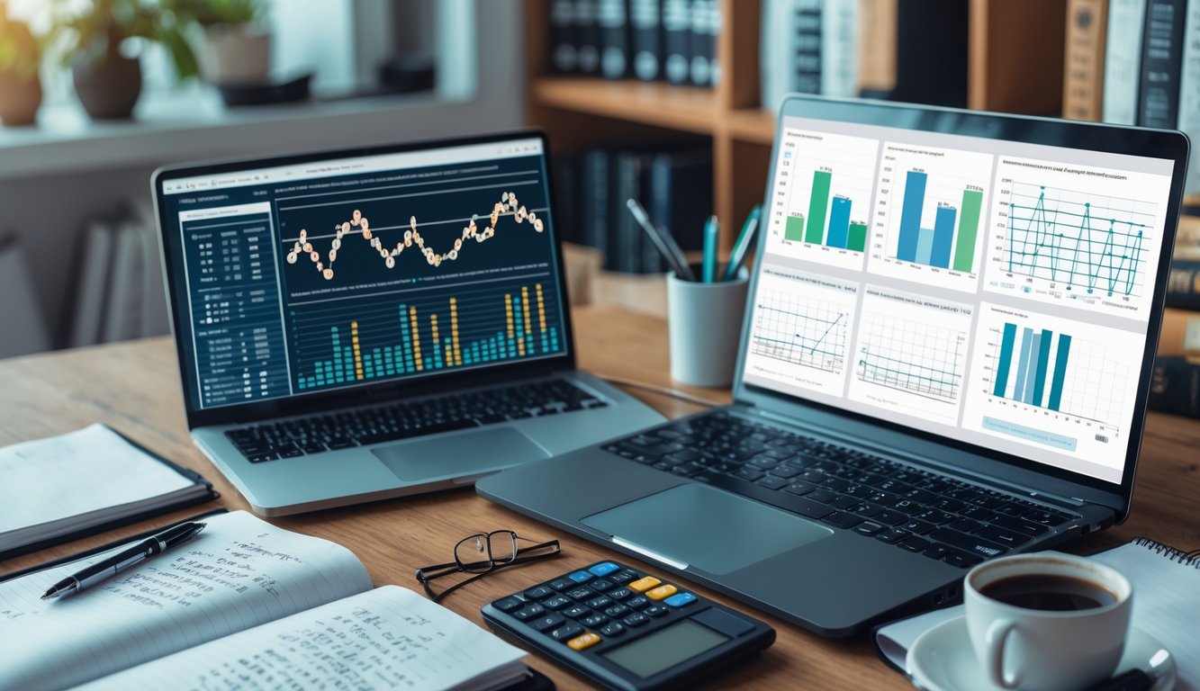 Meja kerja dengan laptop yang menampilkan grafik statistik, buku catatan terbuka dengan perhitungan, kalkulator, dan cangkir kopi di ruang kerja yang terang.