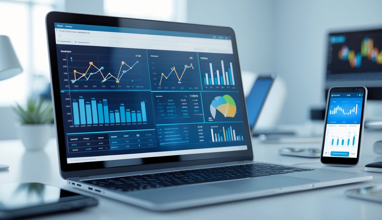 Sebuah ruang kerja modern dengan laptop dan ponsel yang menampilkan data angka dan grafik, menggambarkan alat online untuk analisis angka dengan aman.