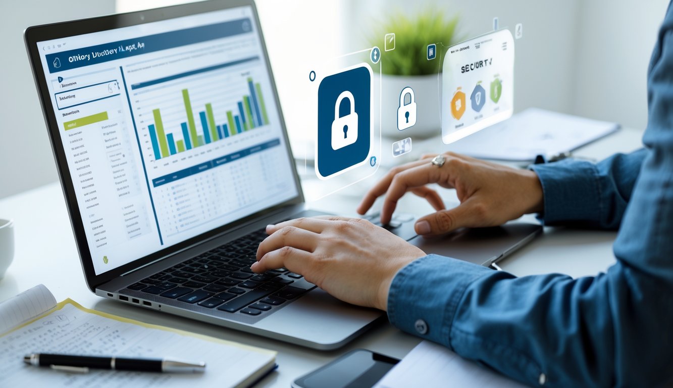 Seseorang menggunakan laptop di meja kerja dengan grafik dan data angka, dikelilingi alat keamanan digital dan catatan, menunjukkan analisis angka togel secara online dengan aman.