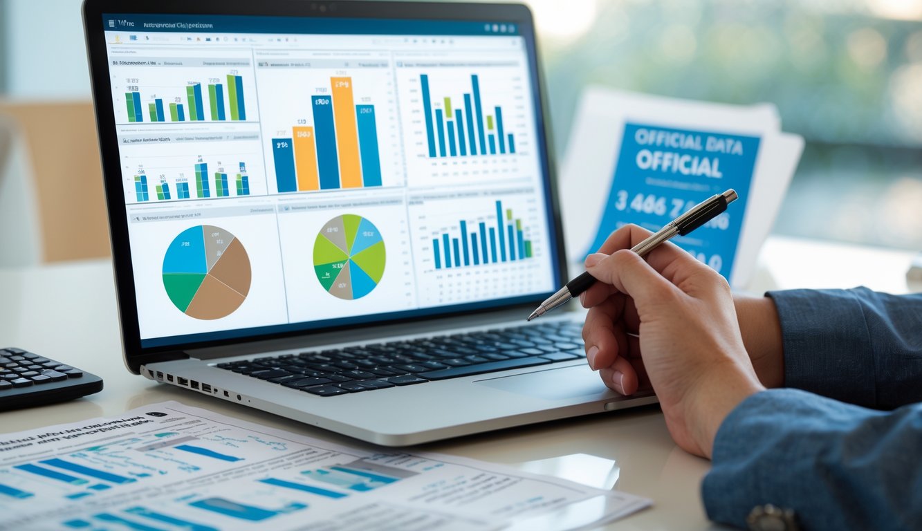 Meja kerja dengan laptop menampilkan grafik dan tabel, kalkulator, serta tangan menunjuk layar untuk analisis data resmi.