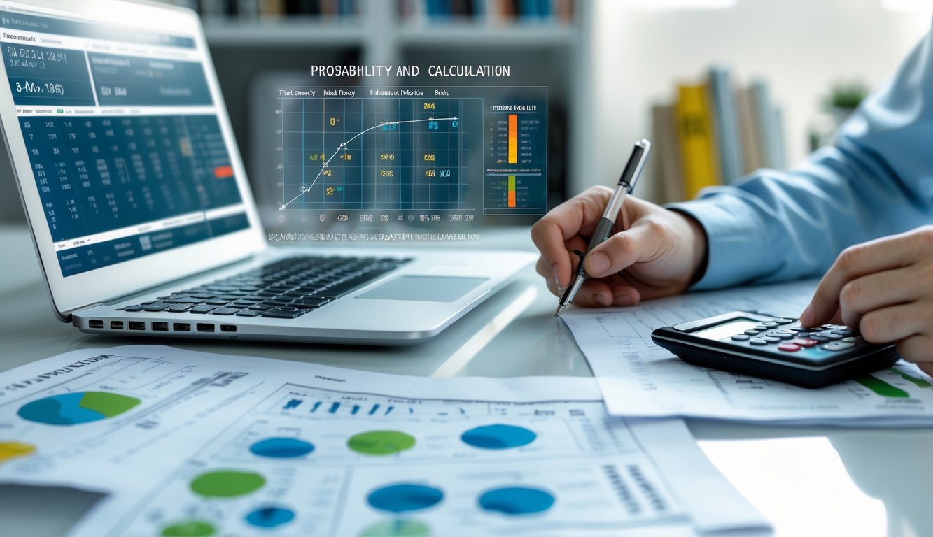 Meja kerja dengan laptop, kalkulator, dan tangan seseorang yang sedang menghitung data probabilitas angka togel.