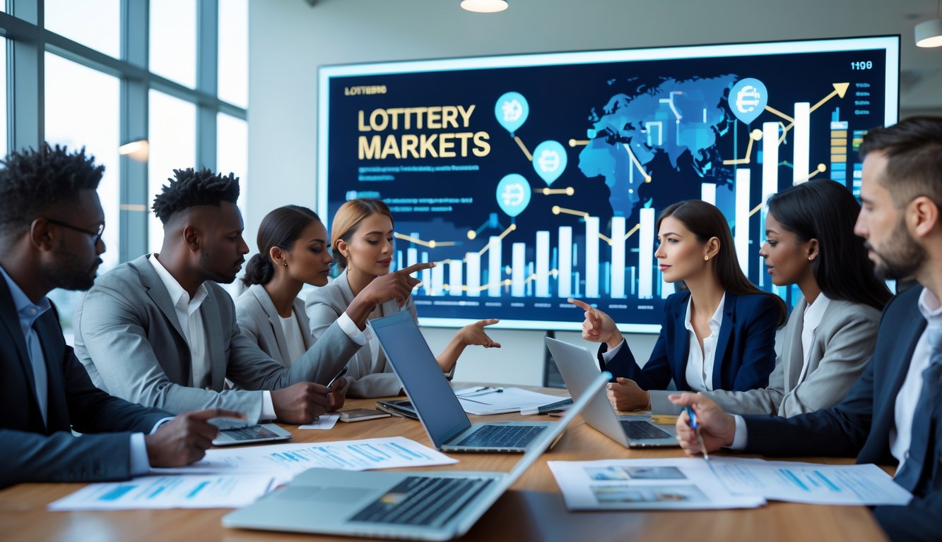 Sekelompok orang sedang berdiskusi serius di ruang kantor dengan laptop dan dokumen di atas meja serta layar digital besar menampilkan grafik dan data pasar togel.