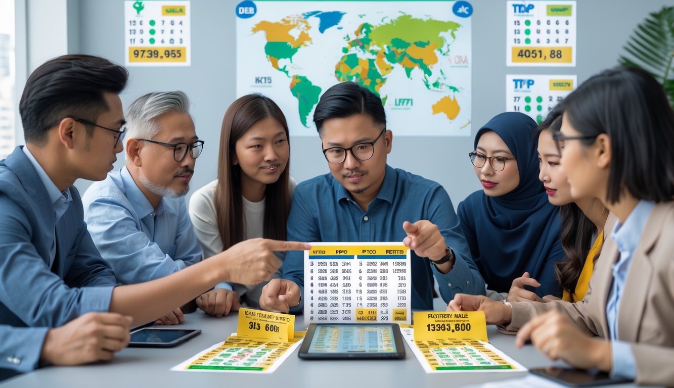 Sekelompok orang sedang berdiskusi dan menganalisis tiket togel dan data angka di sebuah meja dalam ruangan modern.