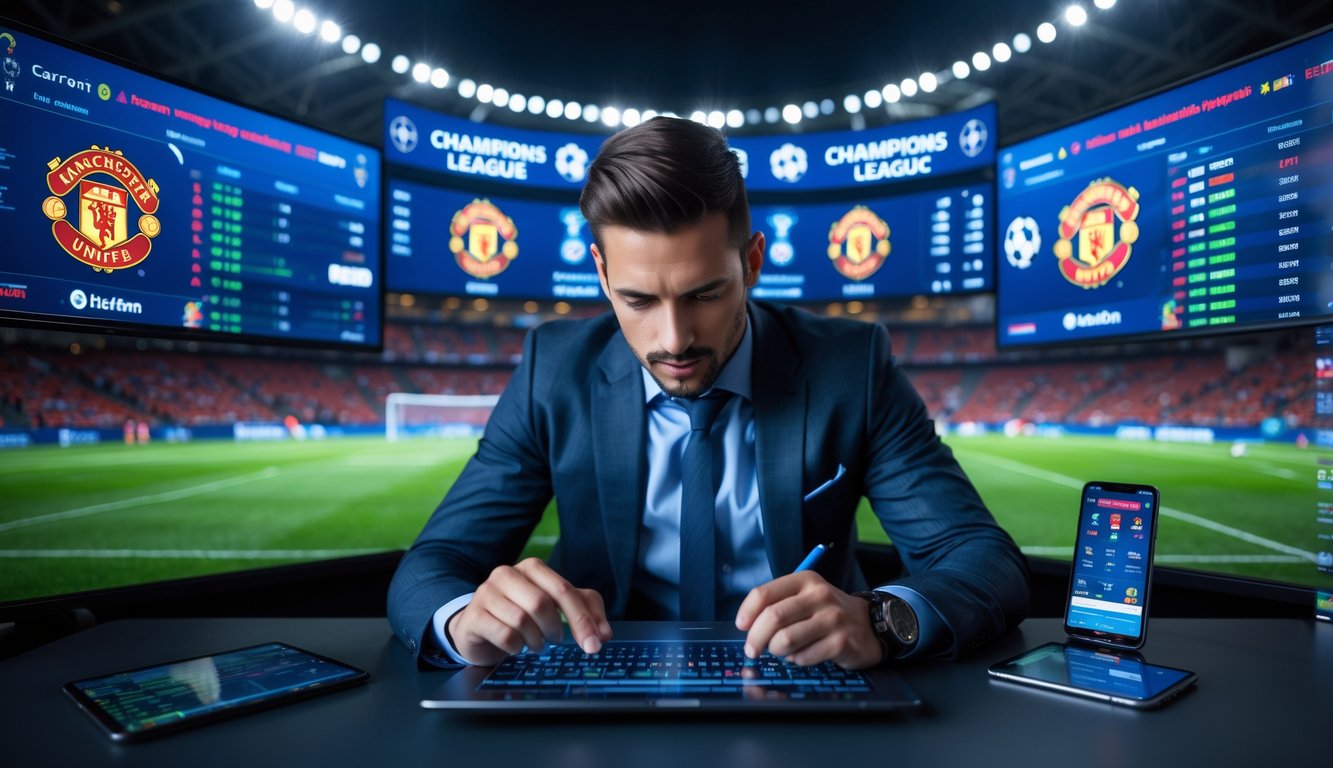 Seorang pria sedang menganalisis data taruhan bola di depan layar komputer dengan latar belakang stadion sepak bola yang terang benderang saat malam hari.