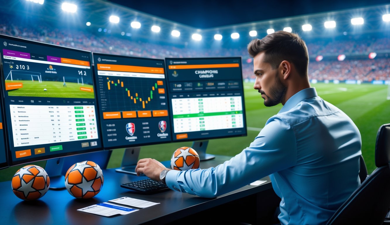 Seorang analis olahraga sedang menganalisis data taruhan sepak bola Liga Champions dengan layar besar dan stadion penuh penonton di latar belakang.