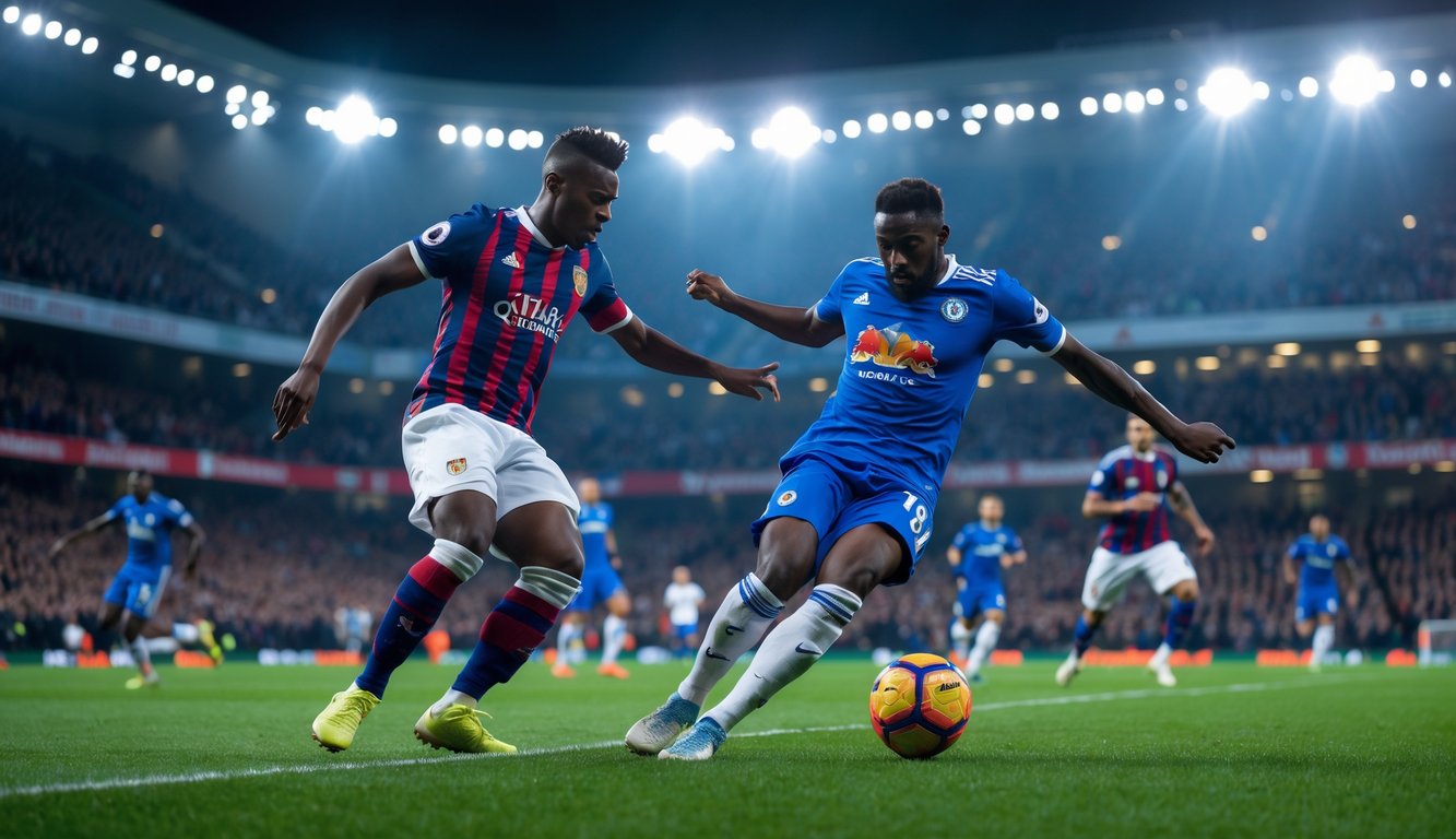 Dua pemain sepak bola dari tim berbeda sedang berebut bola di lapangan hijau dengan penonton ramai di stadion.
