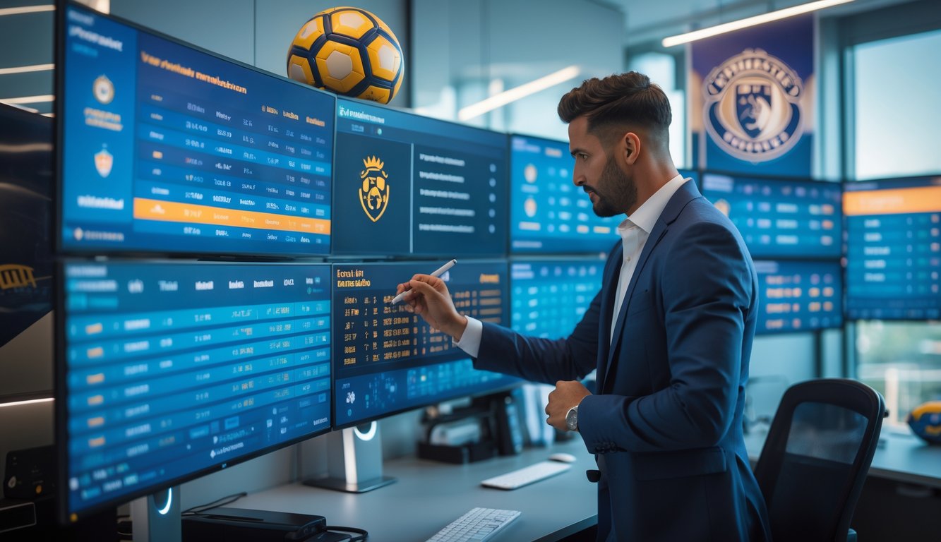 Seorang analis olahraga sedang melihat data pertandingan sepak bola Liga Premier di layar komputer di sebuah kantor modern.