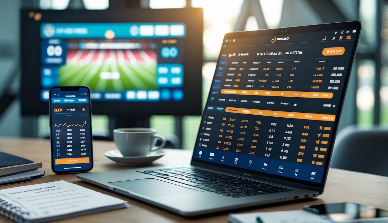 Meja kerja modern dengan laptop yang menampilkan statistik pertandingan sepak bola dan peluang taruhan over/under, dikelilingi catatan dan ponsel dengan aplikasi taruhan.