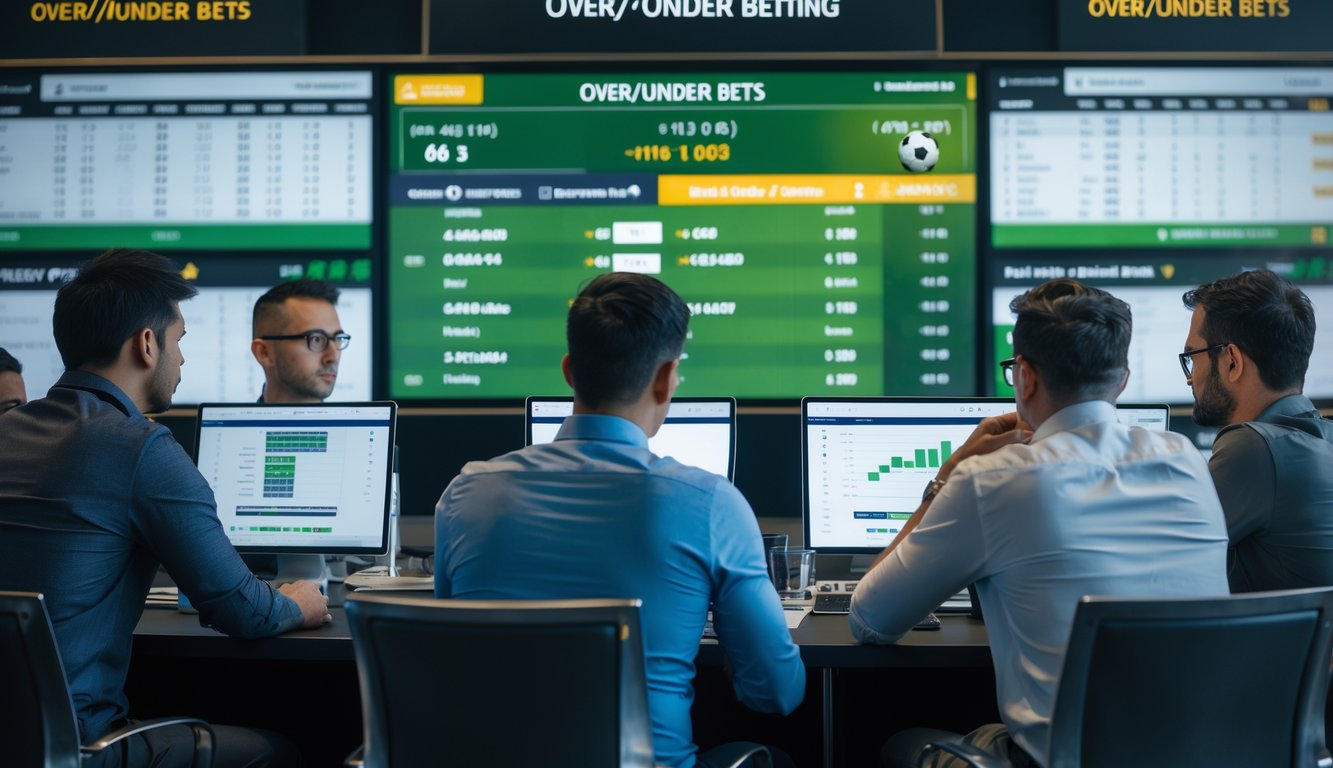 Orang-orang sedang menganalisis statistik dan peluang taruhan sepak bola over/under di sebuah ruangan modern dengan layar digital.