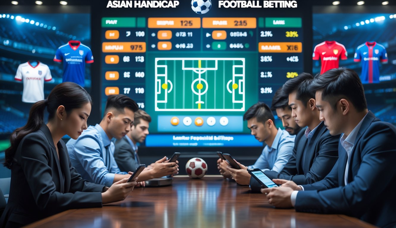Beberapa orang sedang menganalisis data taruhan sepak bola dengan layar digital besar menampilkan statistik dan odds pertandingan di latar belakang.