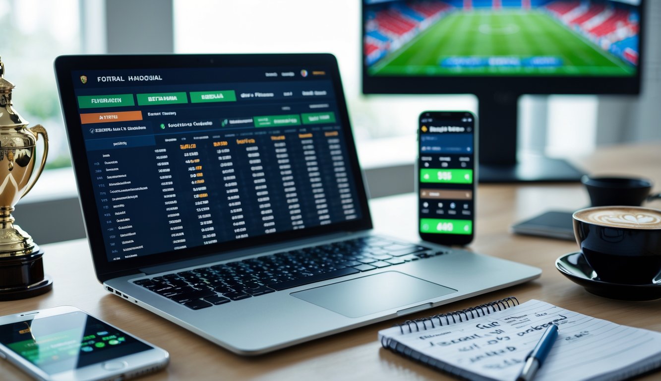 Meja kerja dengan laptop yang menampilkan statistik taruhan sepak bola, smartphone dengan skor pertandingan, dan catatan tips taruhan.