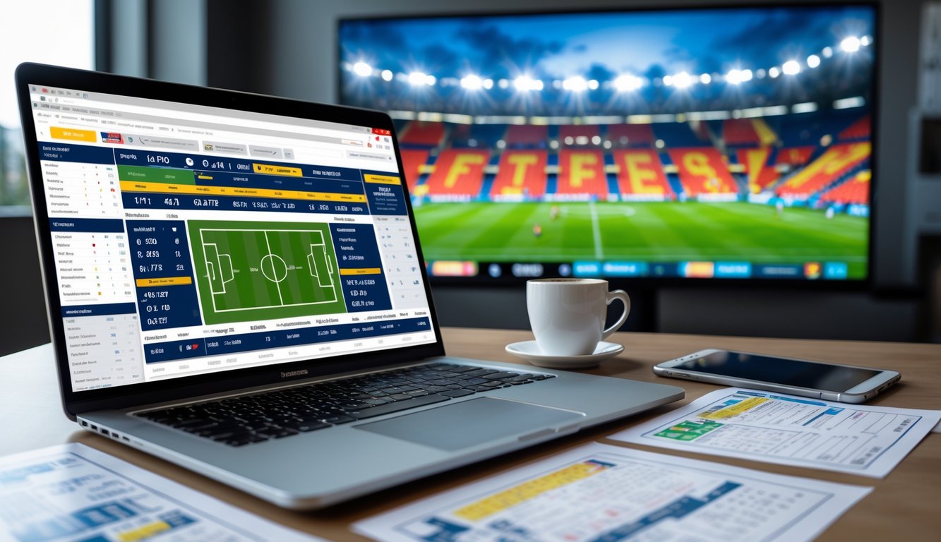 Meja kerja dengan laptop menampilkan statistik sepak bola Serie A, kertas analisis pertandingan, ponsel dengan skor langsung, dan layar besar menayangkan pertandingan sepak bola sedang berlangsung.