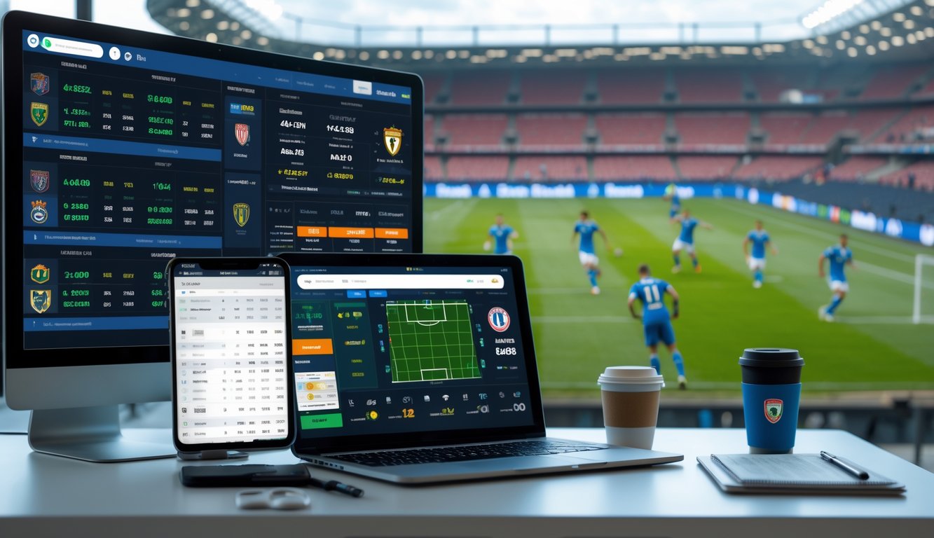 Seorang analis olahraga di meja kerja dengan beberapa layar menampilkan statistik pertandingan dan peluang taruhan Serie A Italia, dengan pertandingan sepak bola sedang berlangsung di layar besar di latar belakang.