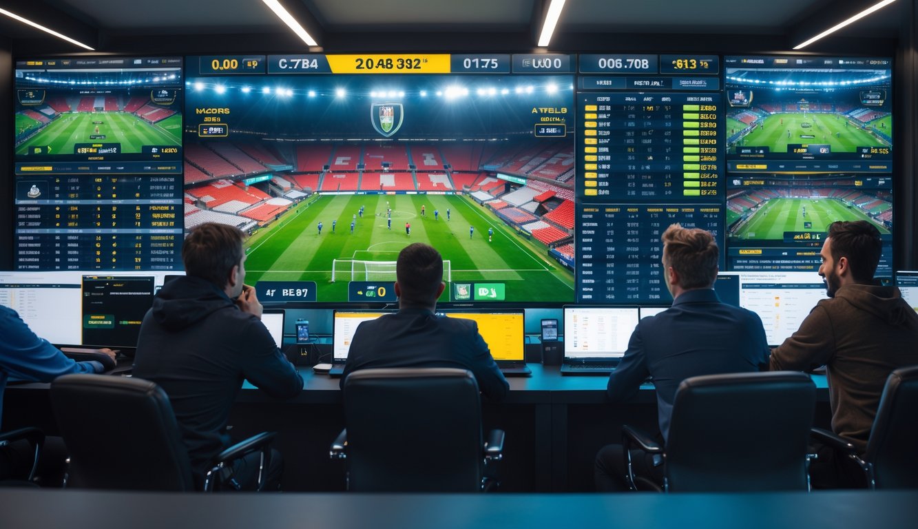 Beberapa orang menonton pertandingan sepak bola secara langsung di layar besar dengan tampilan angka taruhan yang berubah-ubah, satu orang menggunakan ponsel untuk memasang taruhan.