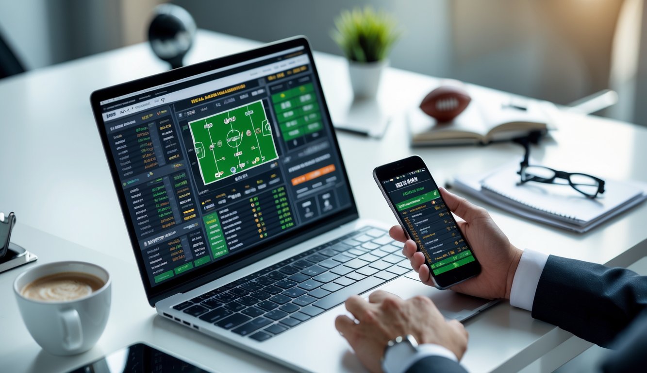 Meja kerja modern dengan laptop, ponsel menampilkan aplikasi taruhan bola, dan beberapa alat tulis di sekitarnya.