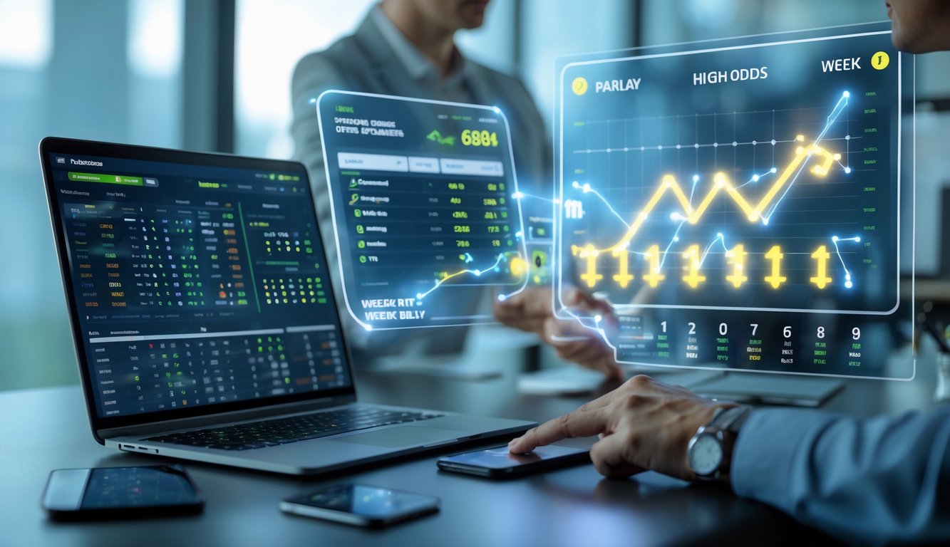 Orang sedang menganalisis data taruhan bola parlay di ruang kerja dengan laptop, tablet, dan ponsel.