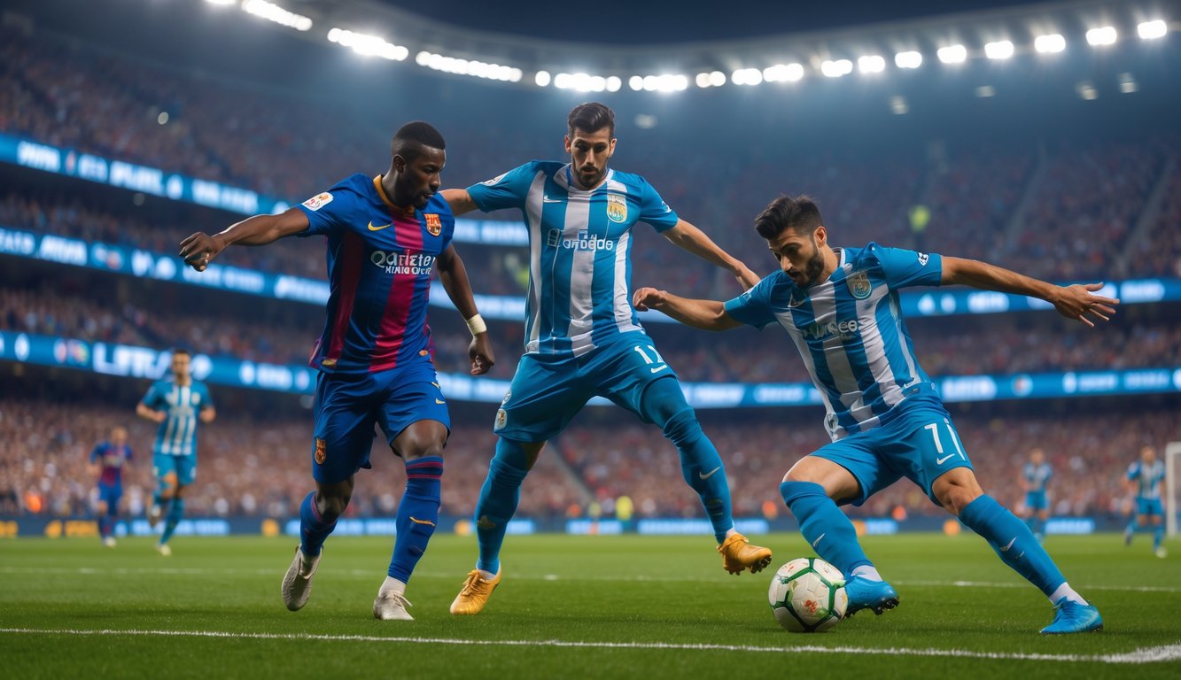 Dua pemain sepak bola dari tim berbeda sedang beraksi di lapangan hijau di stadion yang ramai penonton, berusaha merebut bola dalam pertandingan La Liga.