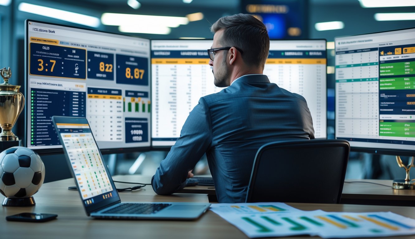 Seorang analis olahraga sedang melihat layar komputer dengan statistik dan skor pertandingan sepak bola Liga Eropa.