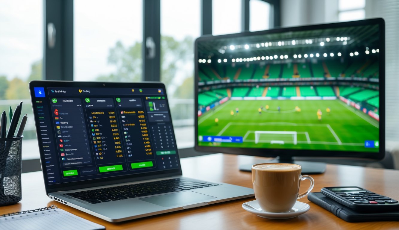 Meja kerja dengan laptop menampilkan statistik pertandingan sepak bola Eropa, smartphone dengan skor langsung, dan layar besar yang menayangkan pertandingan sepak bola.