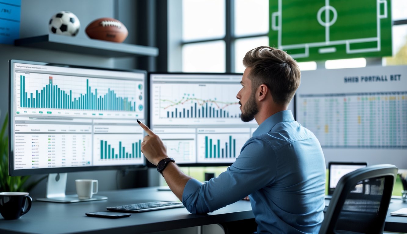 Seorang pria sedang menganalisis statistik tim sepak bola di depan beberapa layar komputer di ruang kerja modern.