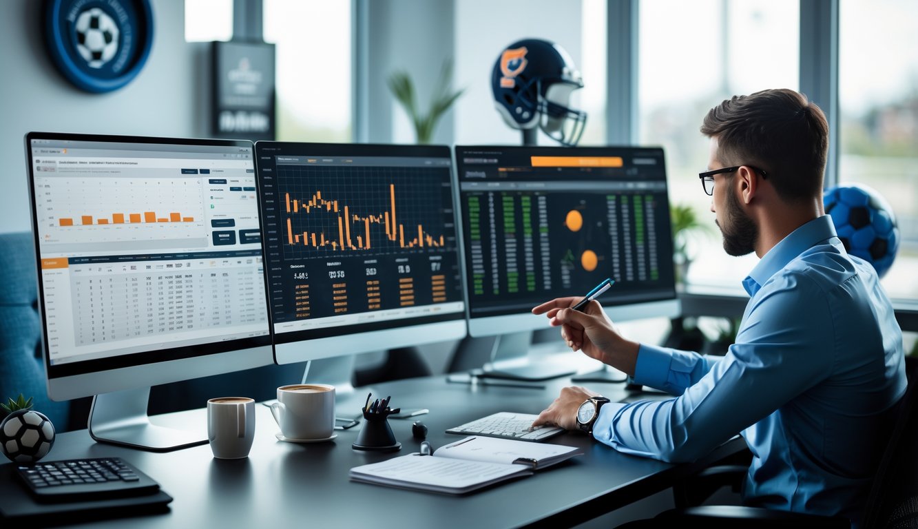 Seseorang sedang menganalisis statistik tim sepak bola di depan beberapa monitor komputer di ruang kerja modern.