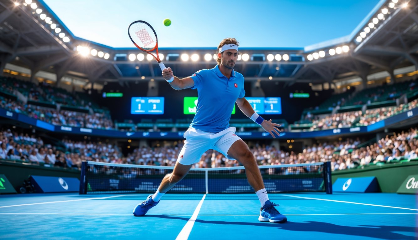 Seorang pemain tenis pria sedang melakukan pukulan forehand di lapangan tenis dengan penonton di tribun stadion yang penuh.