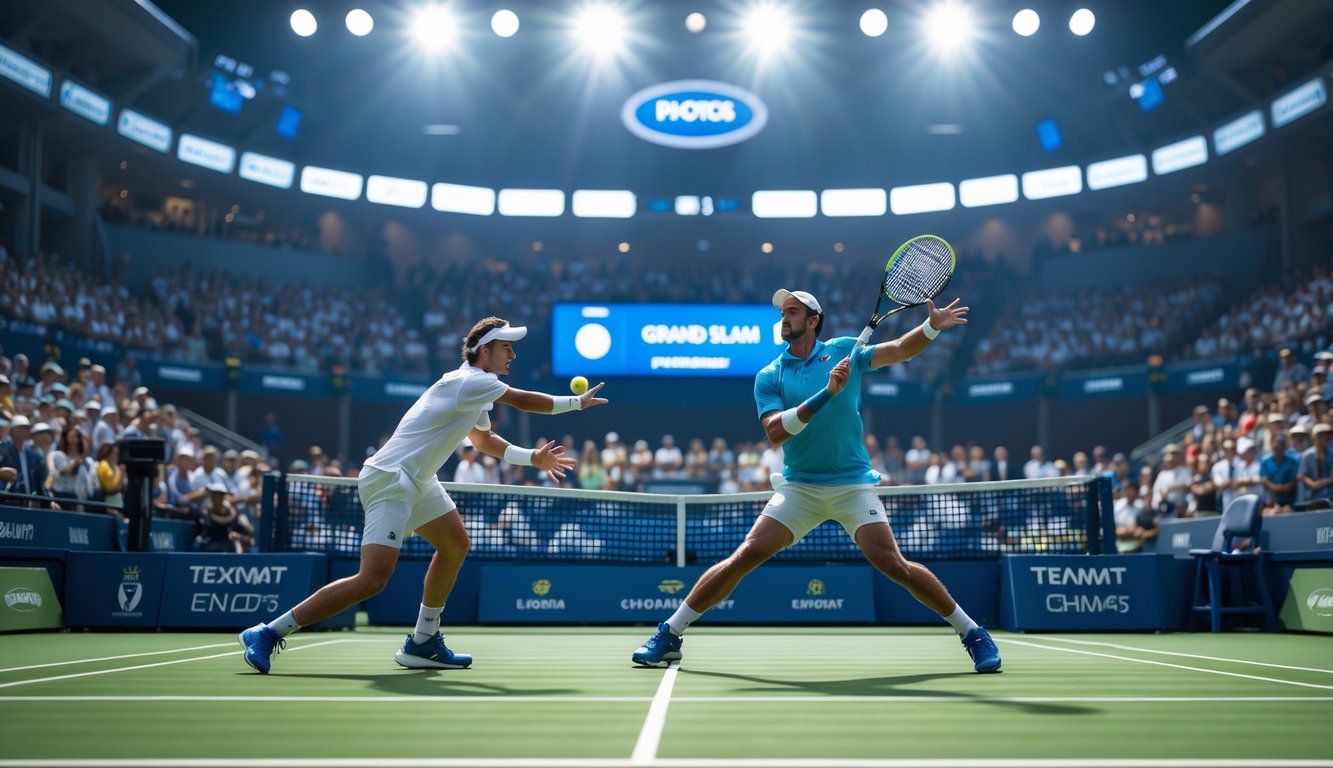 Dua pemain tenis sedang bertanding di lapangan rumput dengan penonton di latar belakang pada sebuah turnamen besar.