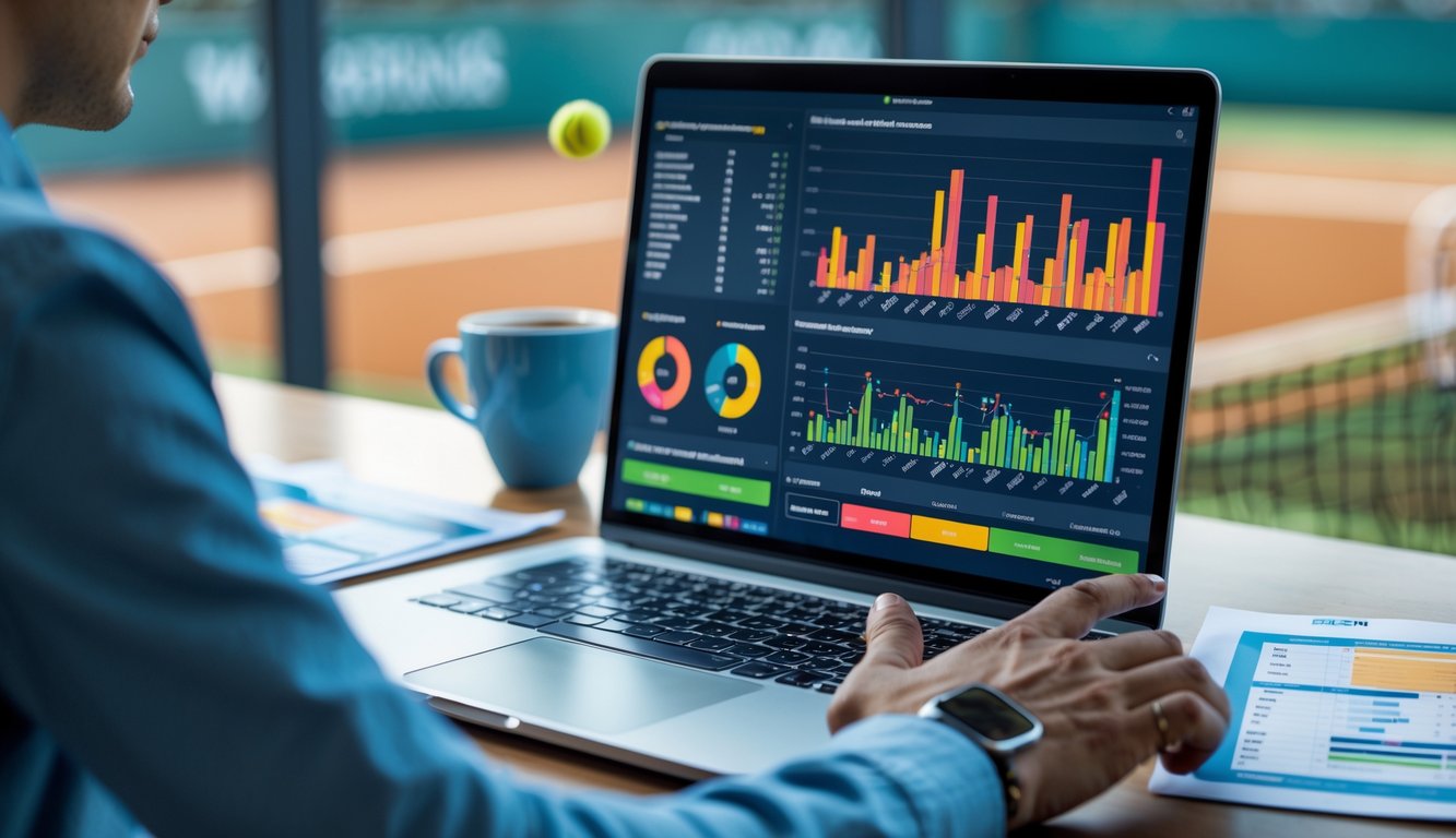 Seorang individu sedang menganalisis statistik pemain tenis di laptop dengan latar belakang lapangan tenis.