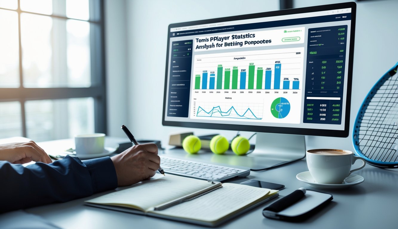 Seseorang sedang menganalisis statistik pemain tenis di depan komputer dengan raket dan bola tenis di meja.
