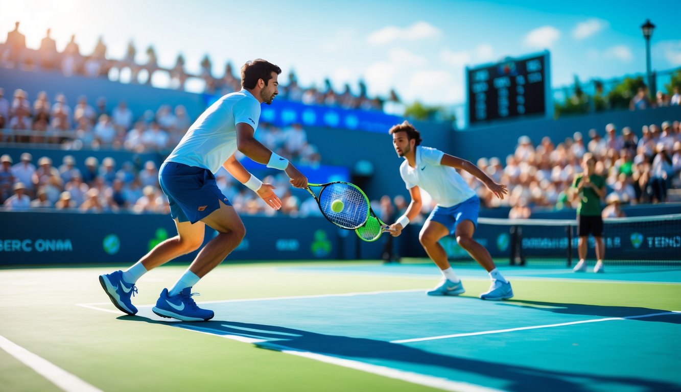 Dua pemain tenis sedang bertanding di lapangan luar ruangan dengan penonton di latar belakang.