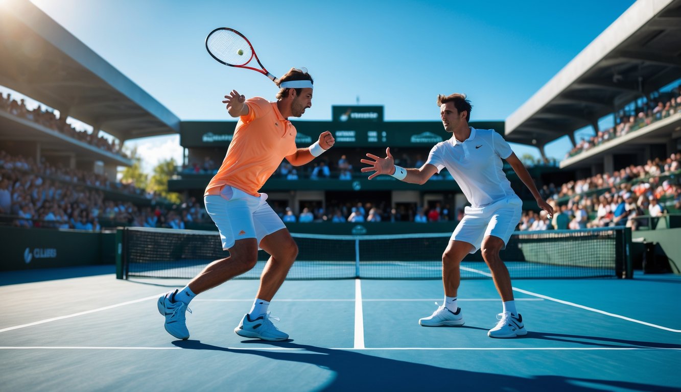 Dua pemain tenis sedang bertanding di lapangan luar ruangan dengan penonton di latar belakang.