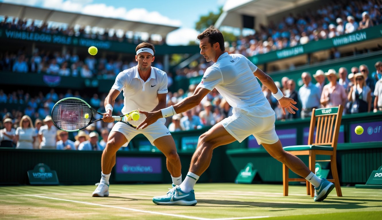 Dua pemain tenis pria sedang bertanding di lapangan rumput Wimbledon dengan penonton penuh di tribun stadion.