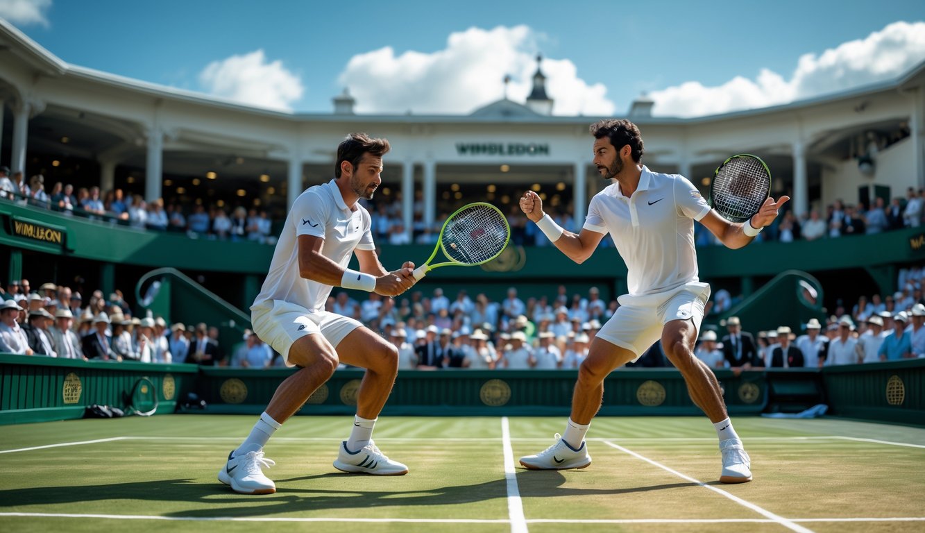 Dua pemain tenis profesional sedang bertanding di lapangan rumput Wimbledon dengan penonton di latar belakang.
