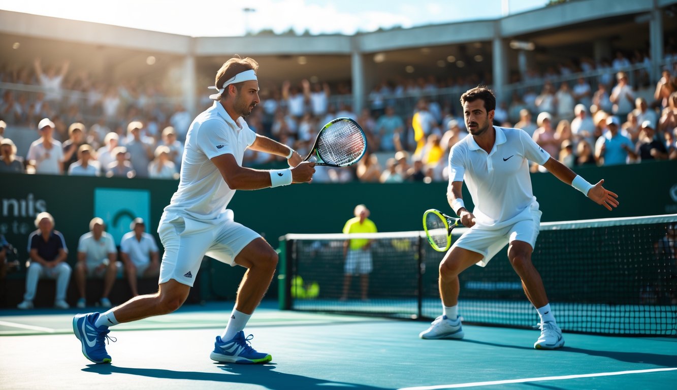 Dua pemain tenis profesional sedang bertanding di lapangan dengan penonton di latar belakang.