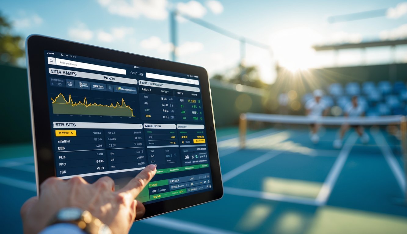 Seseorang menggunakan perangkat digital untuk melihat statistik dan peluang taruhan tenis saat pertandingan profesional berlangsung di latar belakang.