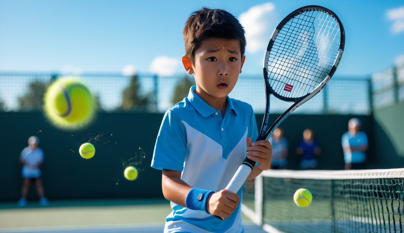 Seorang pemain tenis pemula di lapangan sedang memegang raket dengan posisi yang salah saat bermain.