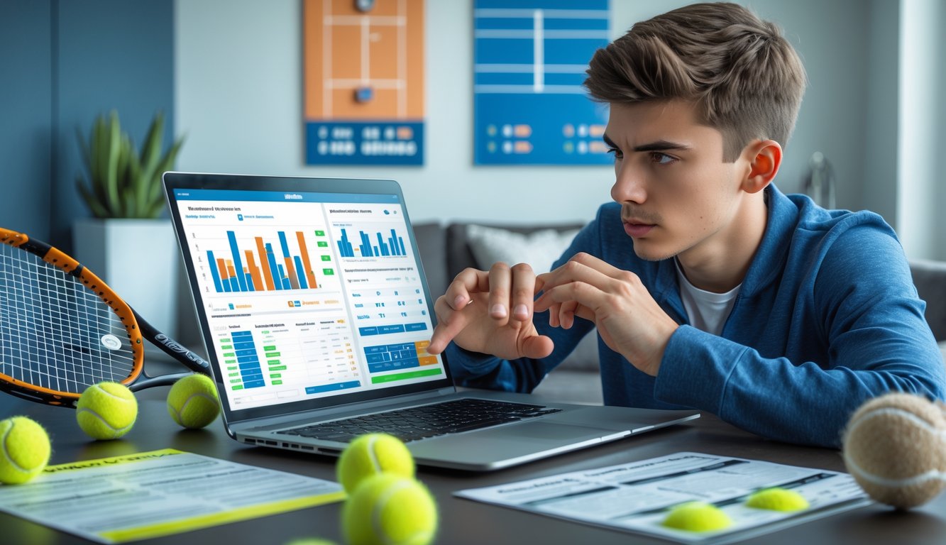 Seorang pria muda fokus menganalisis pertandingan tenis di depan laptop dengan raket tenis dan bola di meja.