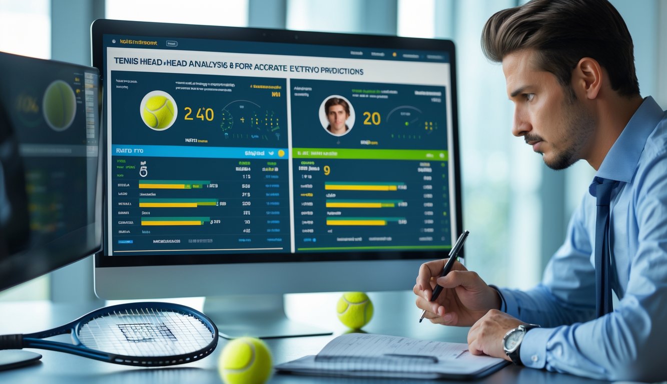 Seseorang sedang menganalisis data statistik dua pemain tenis di depan layar komputer dengan grafik perbandingan dan alat tulis di meja.