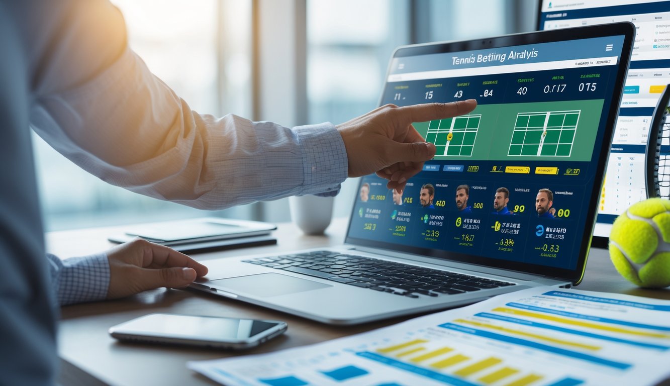 Seseorang sedang menganalisis data statistik pemain tenis di depan laptop dengan raket dan bola tenis di meja.