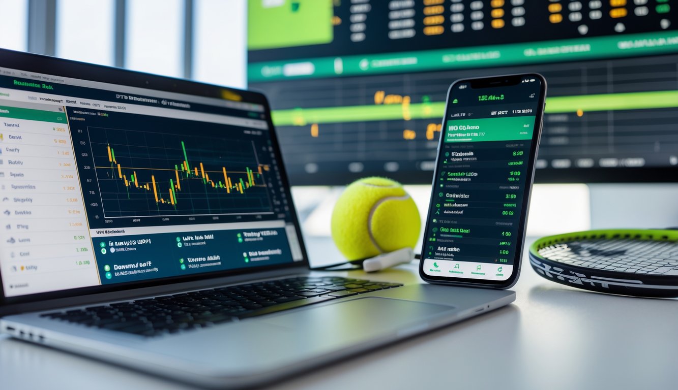 Seorang pria duduk di depan laptop dan smartphone yang menampilkan statistik dan peluang taruhan tenis ATP dan WTA, dengan raket dan bola tenis di meja.