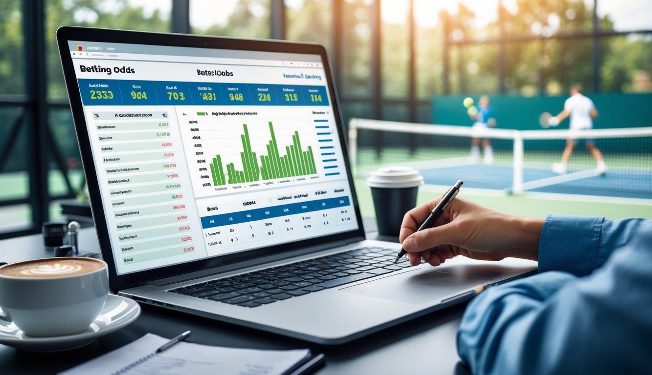 Seorang pria sedang menganalisis data taruhan tenis di laptop di ruang kerja dengan lapangan tenis terlihat di latar belakang.